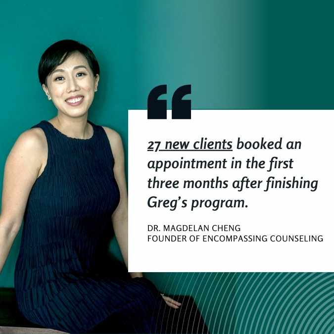 magdelan cheng therapist marketing testimonial — 27 new clients booked an appointment in the first three months after finishing Greg’s program.