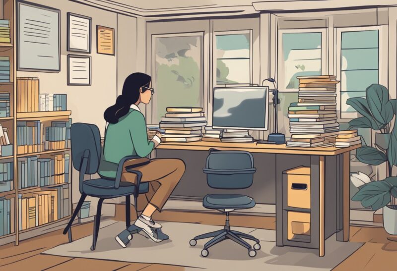 A therapist sitting at a desk, typing on a computer, surrounded by books and resources on private pay therapy. A sign on the wall reads "Frequently Asked Questions: How to Get Private Pay Therapy Clients."