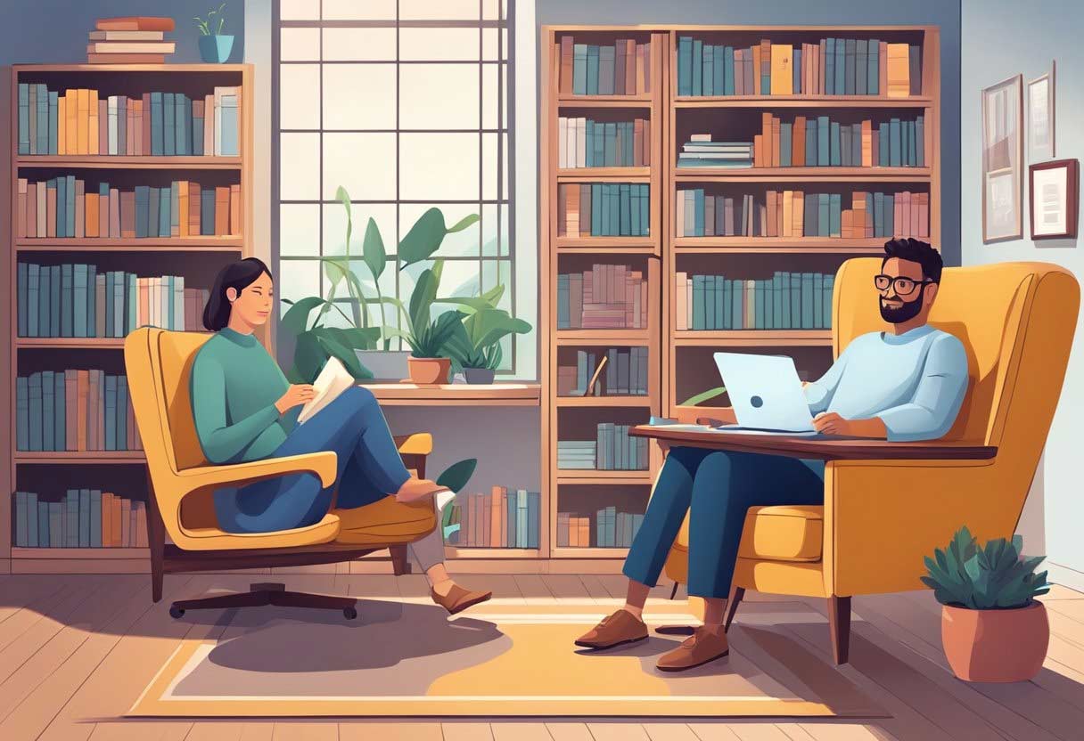 A therapist's office with a bookshelf full of self-help books, a cozy armchair, and a desk with a computer and notepad. A person sitting comfortably in the armchair, engaging in conversation with the therapist. The client got there because of long tail keywords for therapists as a part of his SEO plan.
