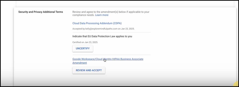 Where to find the BAA settings for Google Workspace