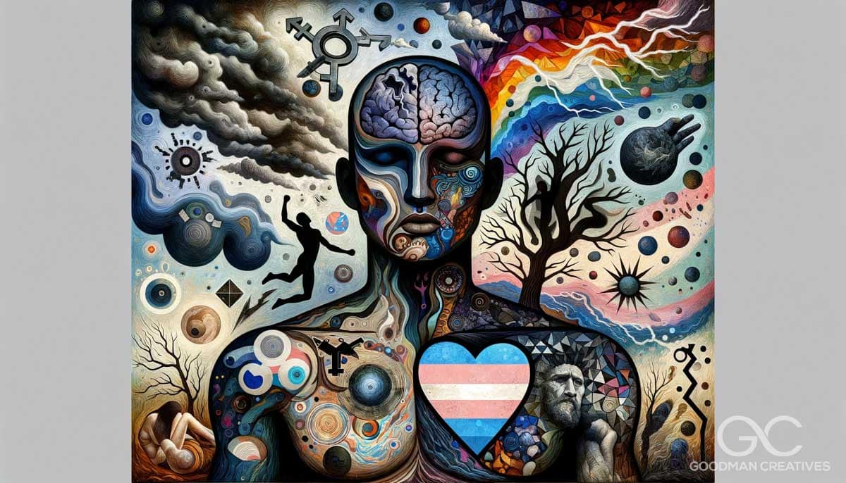 A complex and diverse image that combines various artistic styles to portray a transgender person coping with anxiety, depression, trauma, grief, ADHD