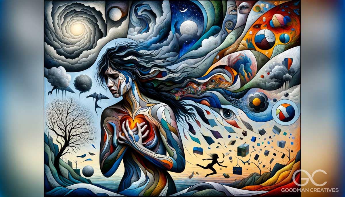 A complex and multifaceted image that combines various artistic styles to represent a person coping with anxiety, depression, trauma, grief, and ADHD