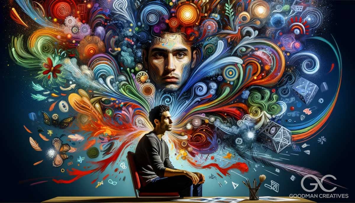 A creative image depicting the inner workings of a patient's mind during a psychotherapy session. The patient, a young Hispanic man, is seated in the_