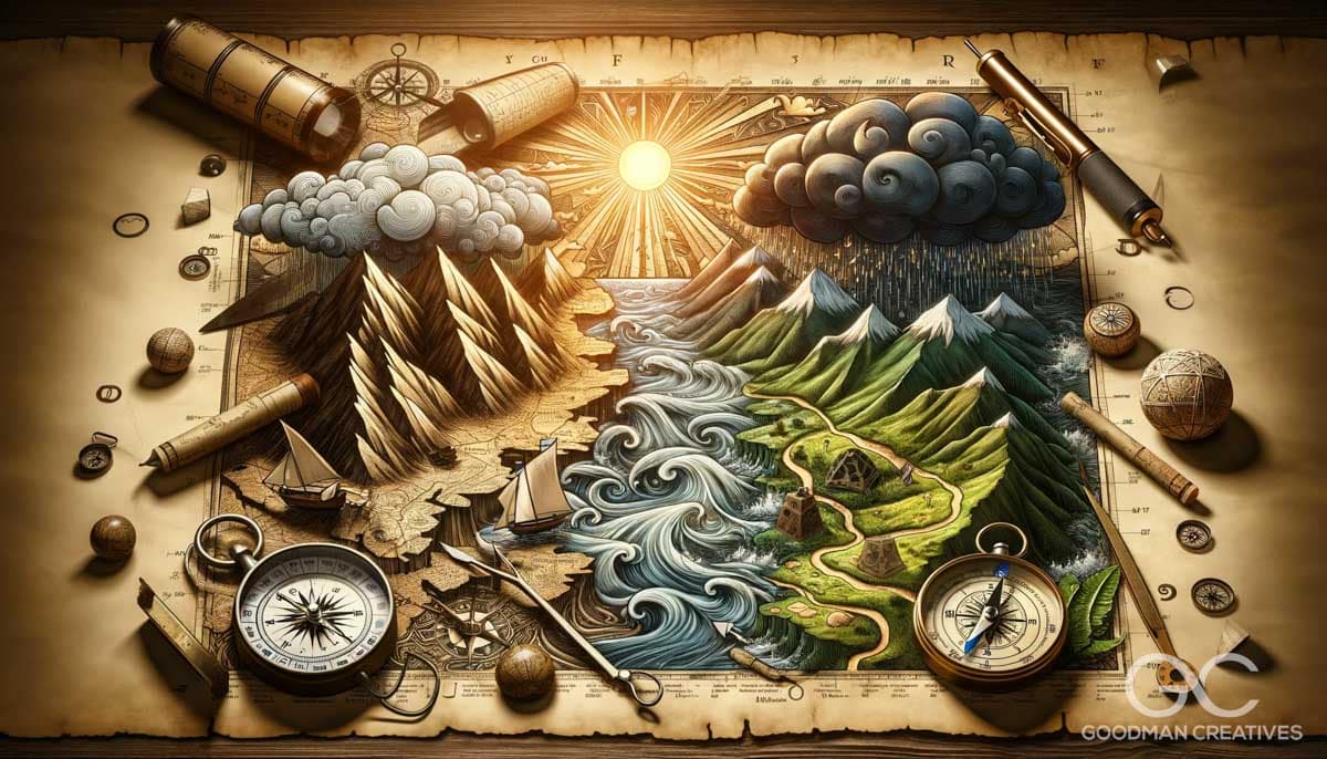 A creative image illustrating psychotherapy as navigational tools and maps. The scene shows an ancient, intricate map spread out, with a compass, sext