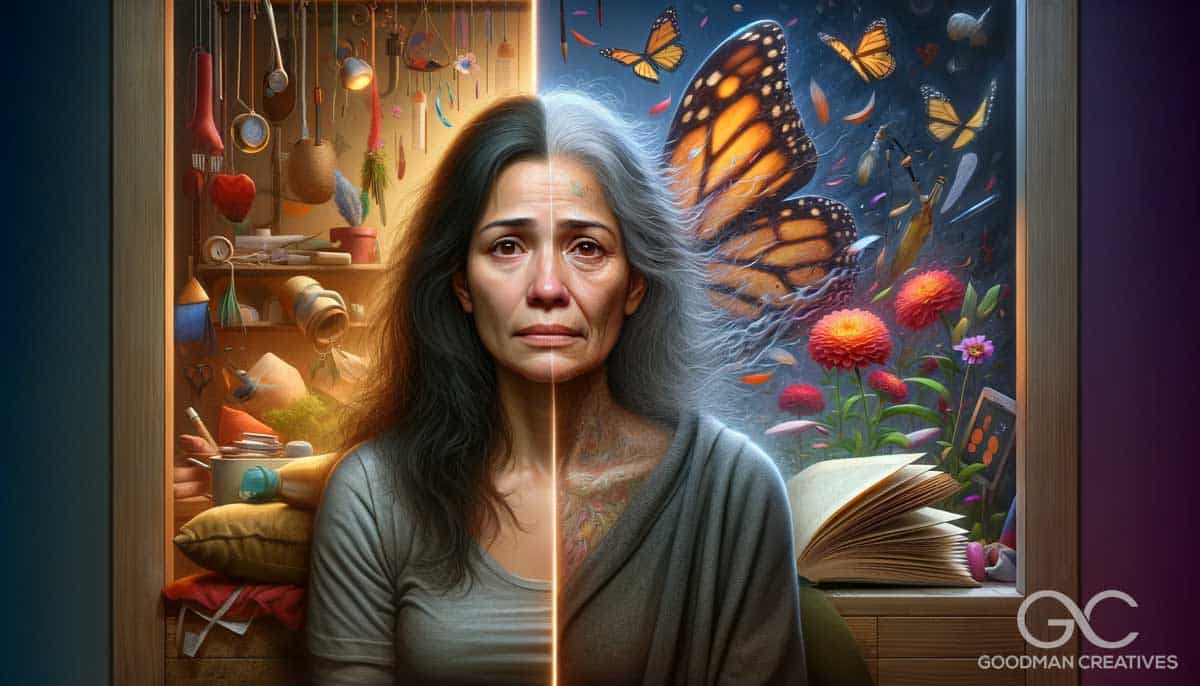 A hyper-realistic image illustrating the positive effects of therapy on someone's life. The image depicts a person, a middle-aged Hispanic woman, in t