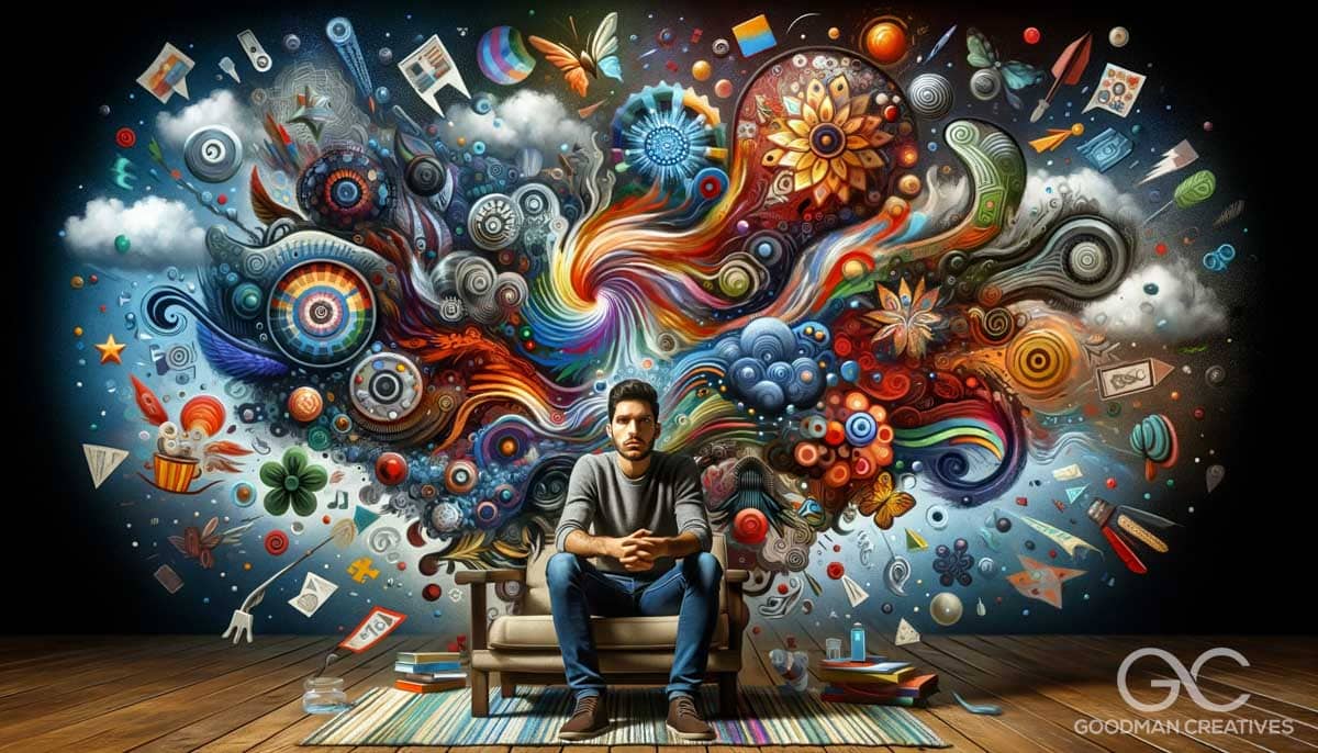 A image depicting the inner workings of a patient's mind during a psychotherapy session. The patient, a young Hispanic man, is seated in the_