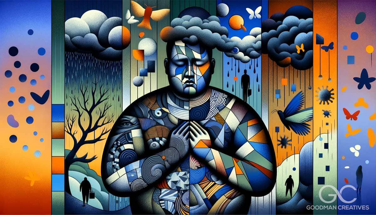 A multifaceted image combining various artistic styles to represent an overweight East Asian male coping with anxiety, depression, trauma, grief, and_