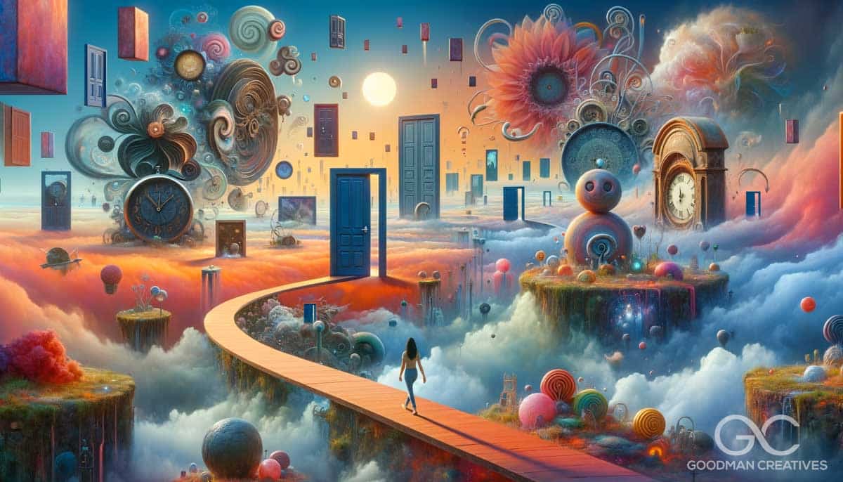 A reimagined surrealistic dreamscape image encapsulating the exploration of the subconscious mind in psychotherapy, without clocks. The scene includes