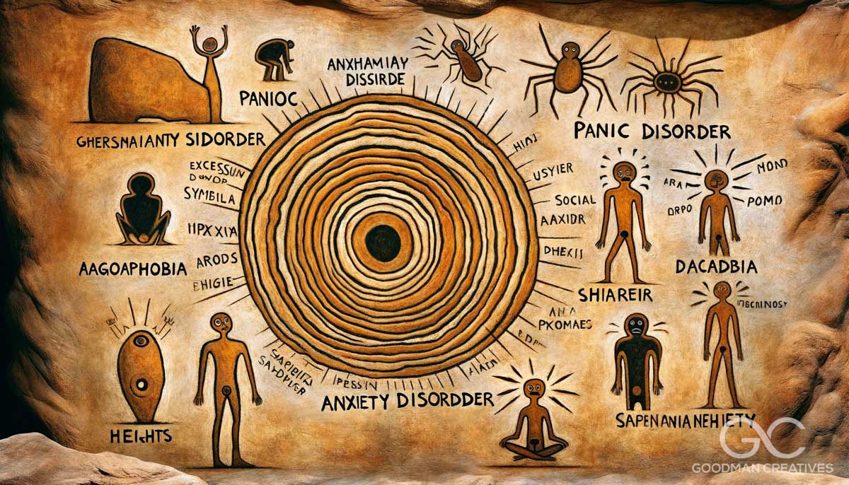 A visual representation in the style of prehistoric art, depicting the key concepts of anxiety as described in the DSM-5. The artwork resembles cave p