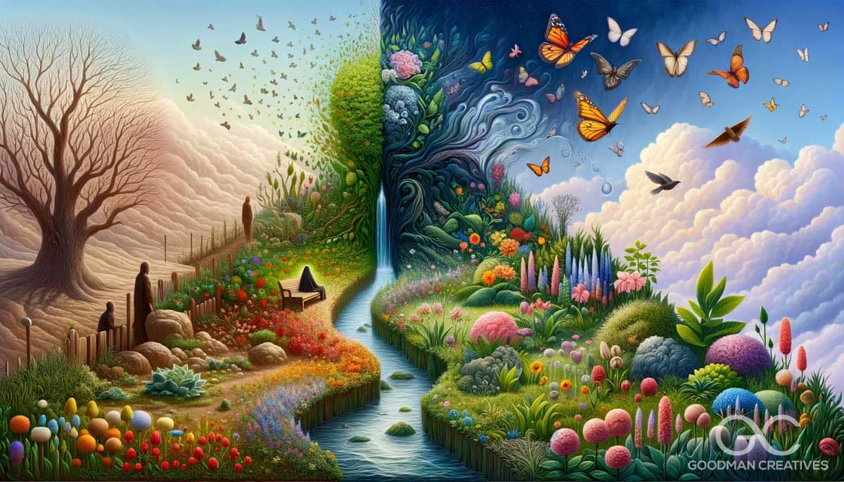 A visually captivating image depicting the 'Garden of the Mind' to represent the process of growth and healing in psychotherapy. The scene transitions