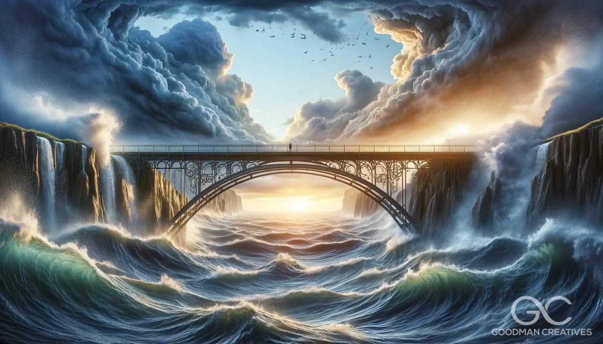 A visually compelling image depicting psychotherapy as a bridge over troubled waters. The scene shows a beautifully designed bridge, spanning a turbul