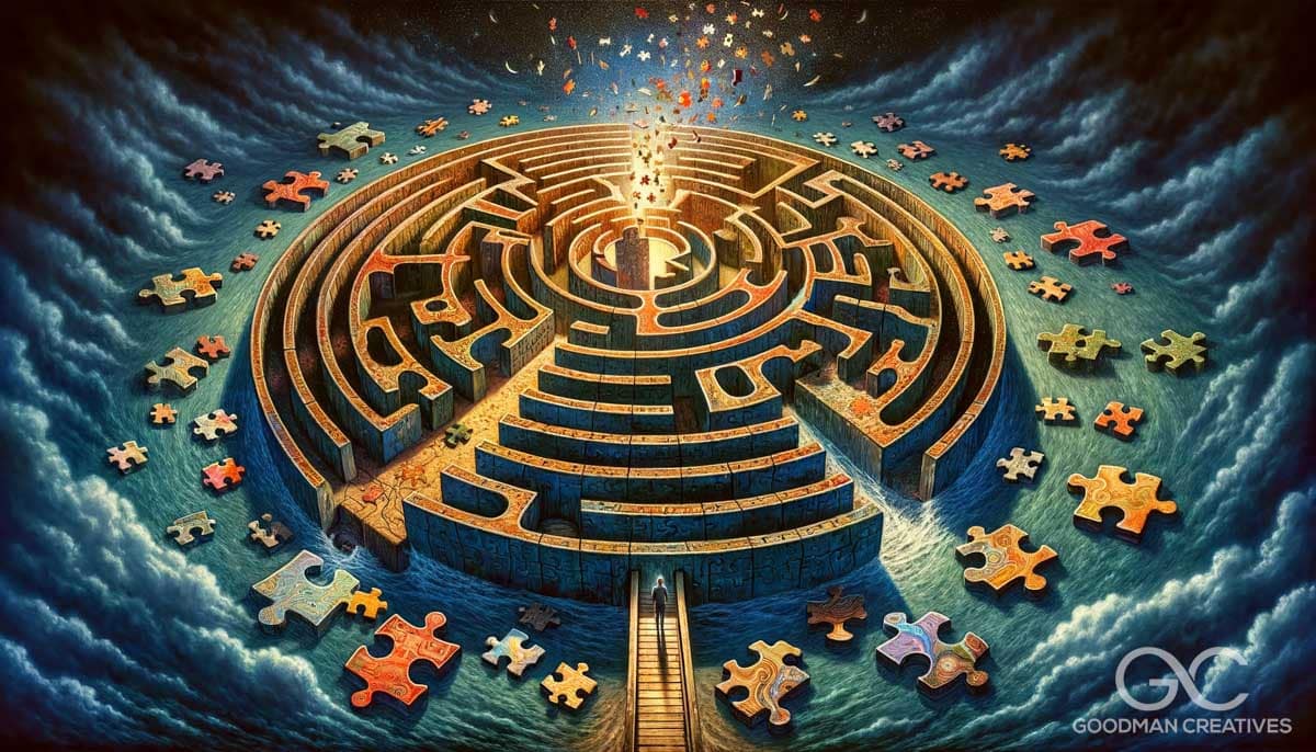 A visually intriguing image representing psychotherapy through the metaphor of puzzle pieces and labyrinths. The central focus is a large, complex lab