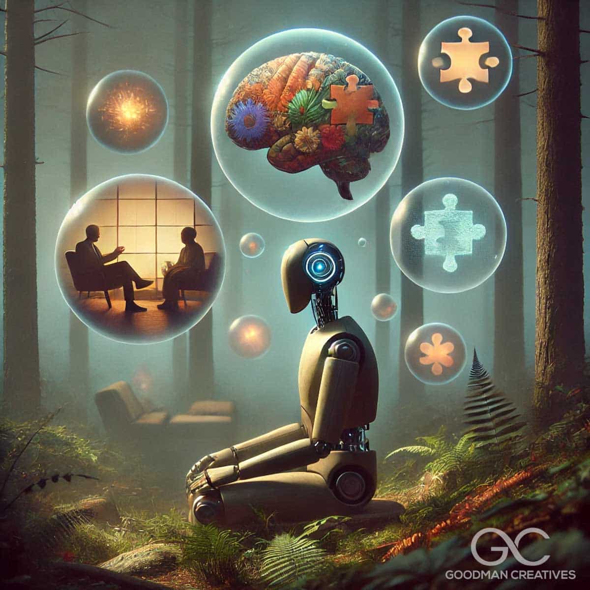 AI Dreams of Therapy square-format, introspective image for the art project 'Reframing the Mind_ Therapy Through the Eyes of AI'. A humanoid AI figure sits quietly in a copy