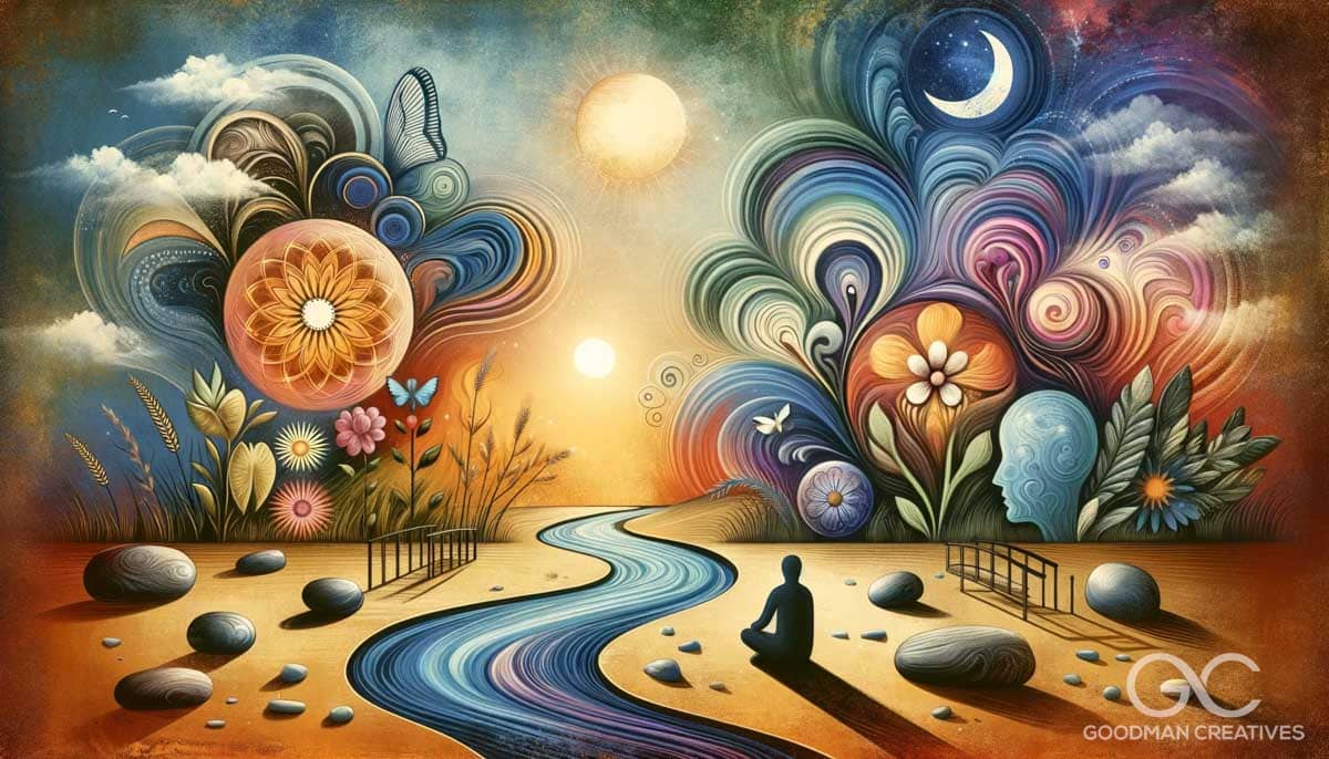 An abstract image depicting the concept of psychotherapy without using traditional cliches like people sitting in chairs. The artwork is a symbolic re