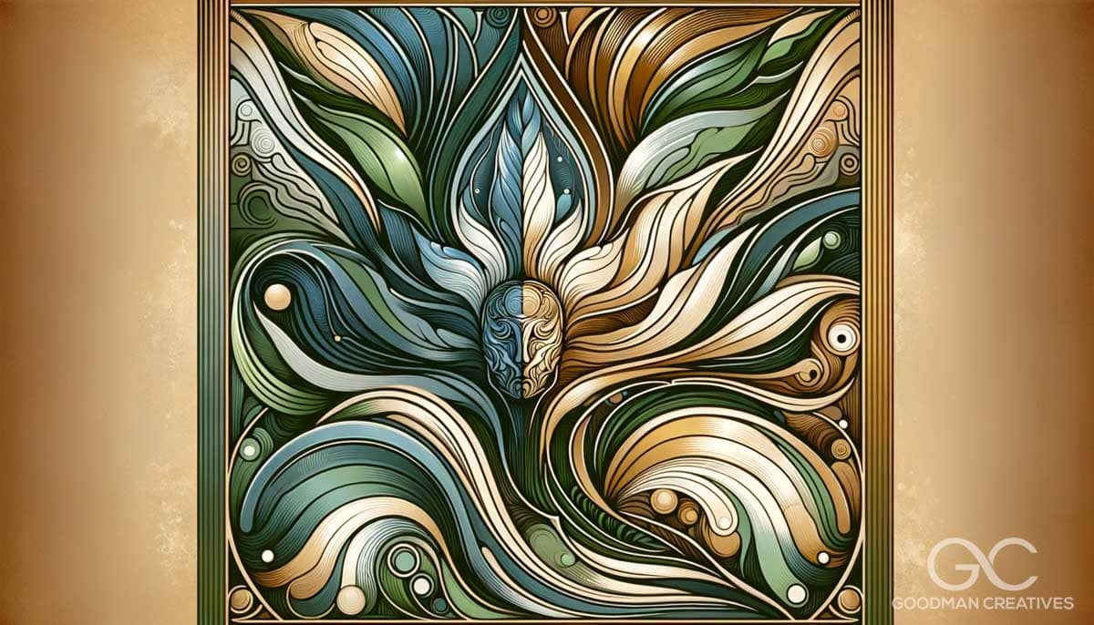 An abstract image representing psychotherapy in the Art Nouveau style, known for its elegant, organic lines and natural forms. The artwork features fl