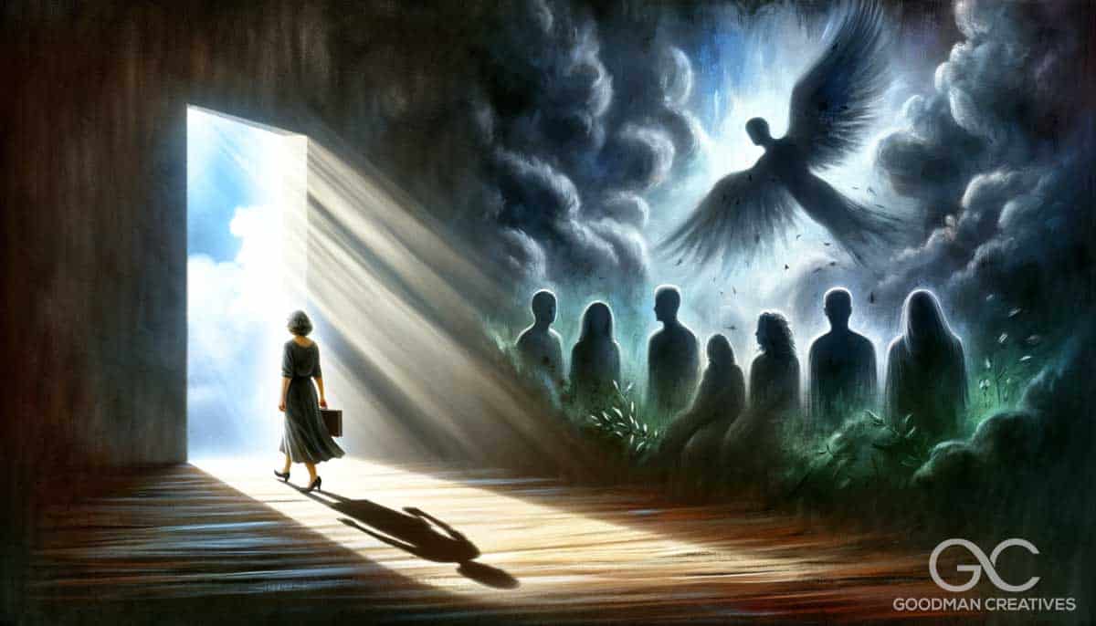 An artistic image illustrating psychotherapy using the concept of light and shadow play. The scene depicts a figure, a middle-aged Caucasian woman, st