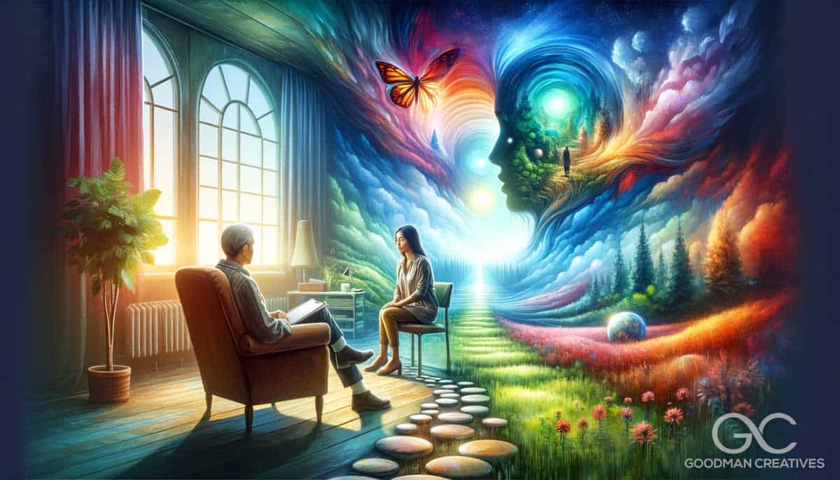 An artistic image representing the experience of a psychotherapy session from a client's perspective. The client, a young Middle-Eastern woman, is sea