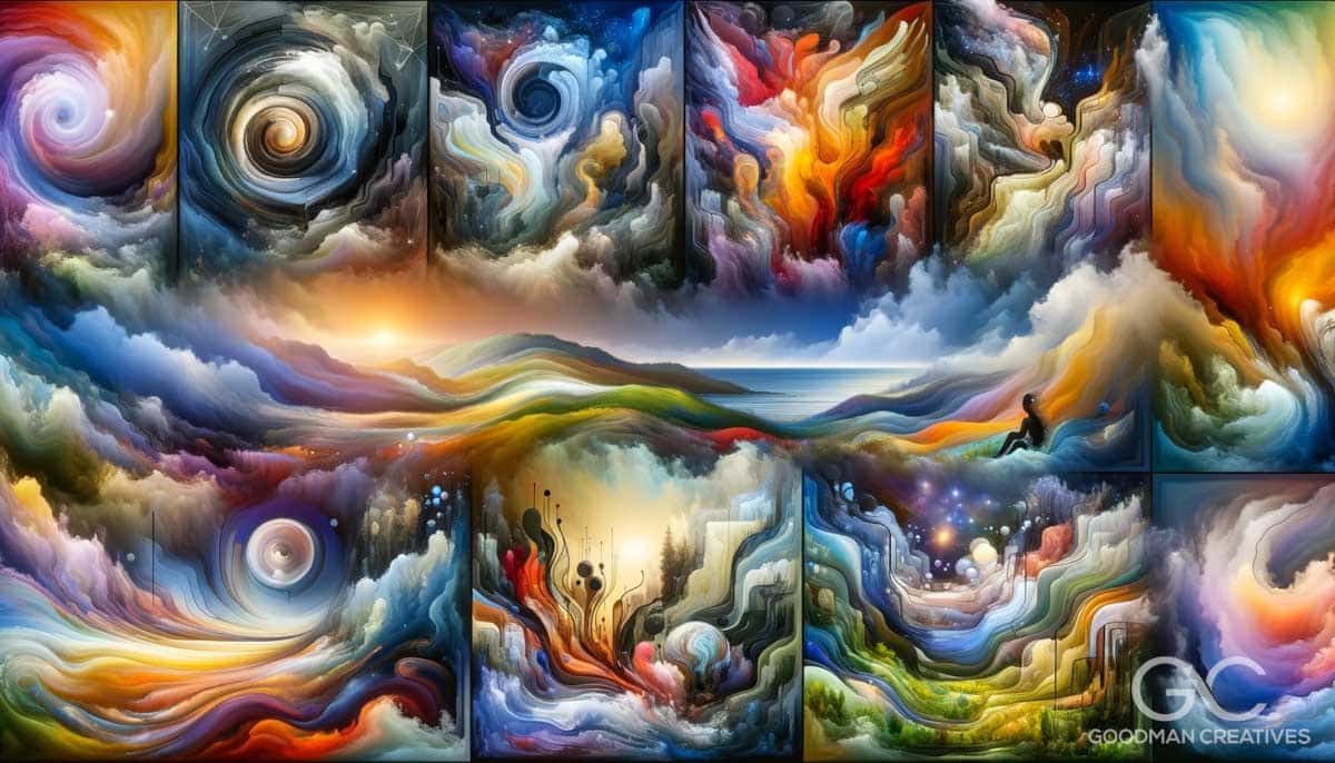 An artistic image showcasing abstract landscapes or mindscapes to represent different mental and emotional states in psychotherapy. The image is divid