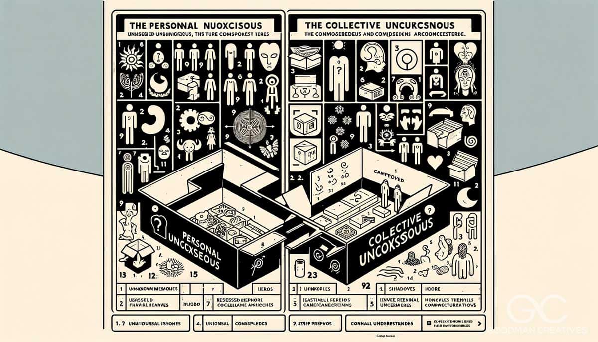 An illustration in the style of an IKEA instruction manual, depicting the two components of the unconscious in Jungian therapy_ the personal unconscio