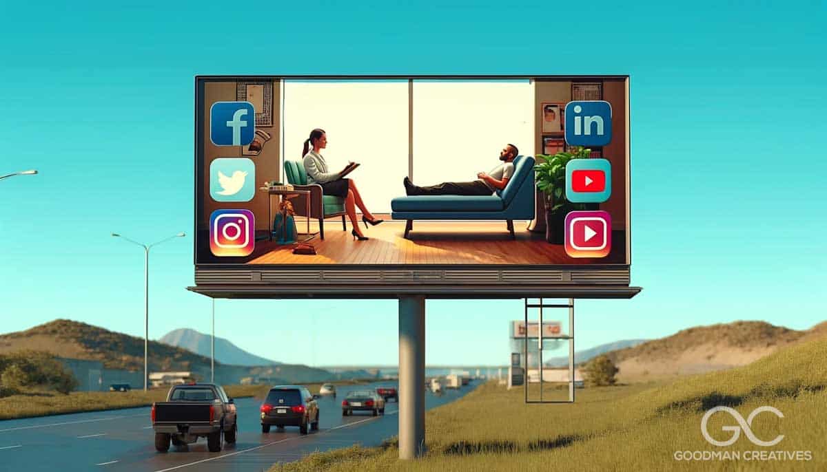 An illustration of a billboard on the side of a road, metaphorically representing social media for therapists, without any text. The billboard depicts copy
