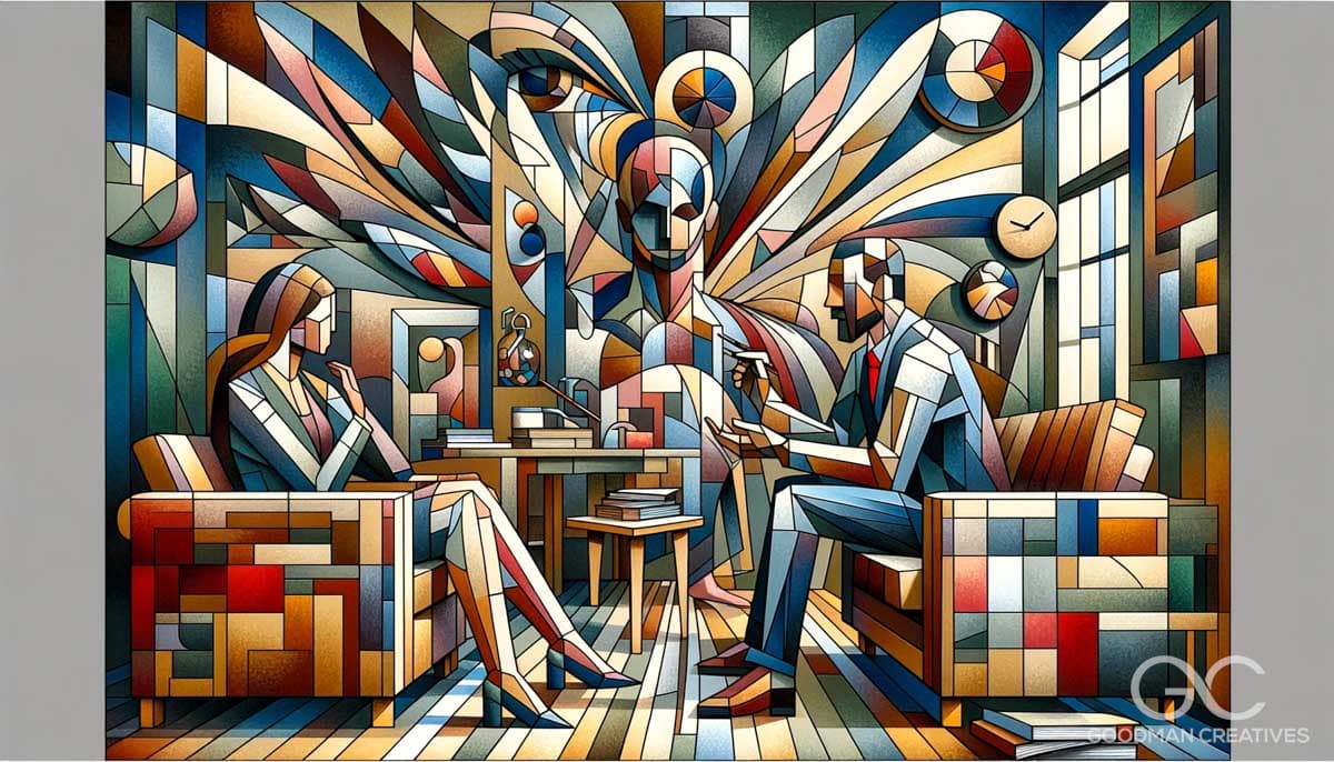 An image depicting a client's experience in a therapy session, interpreted in the style of Cubism. The artwork shows a therapy session from the client