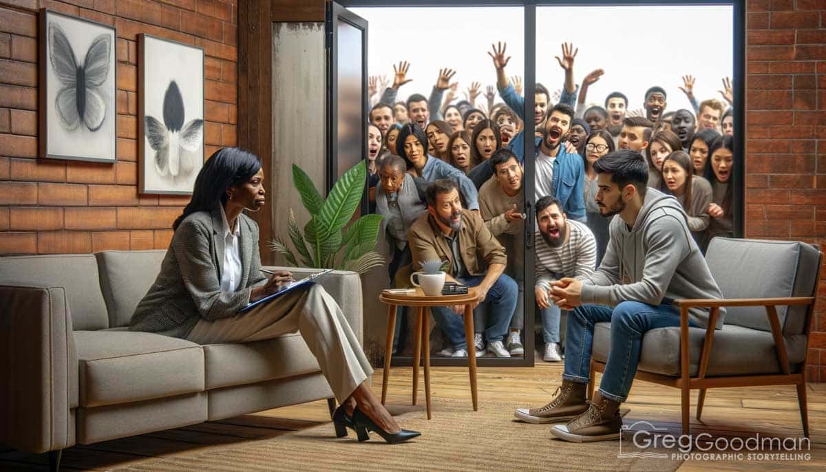 An image depicting a female psychotherapist in her office, providing therapy to a male client. The psychotherapist is a middle-aged Black woman, and t