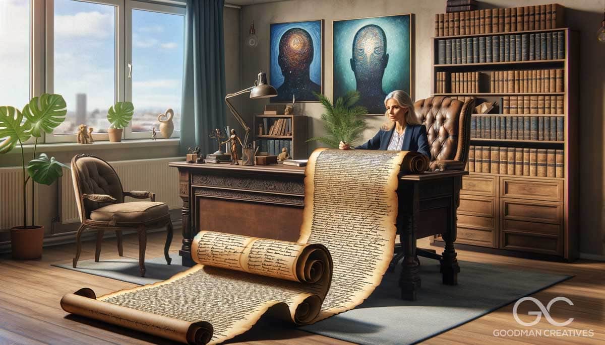 An image depicting a psychotherapist in her office, with an ancient-looking scroll unfurled across her desk, representing a long waitlist. The psychot