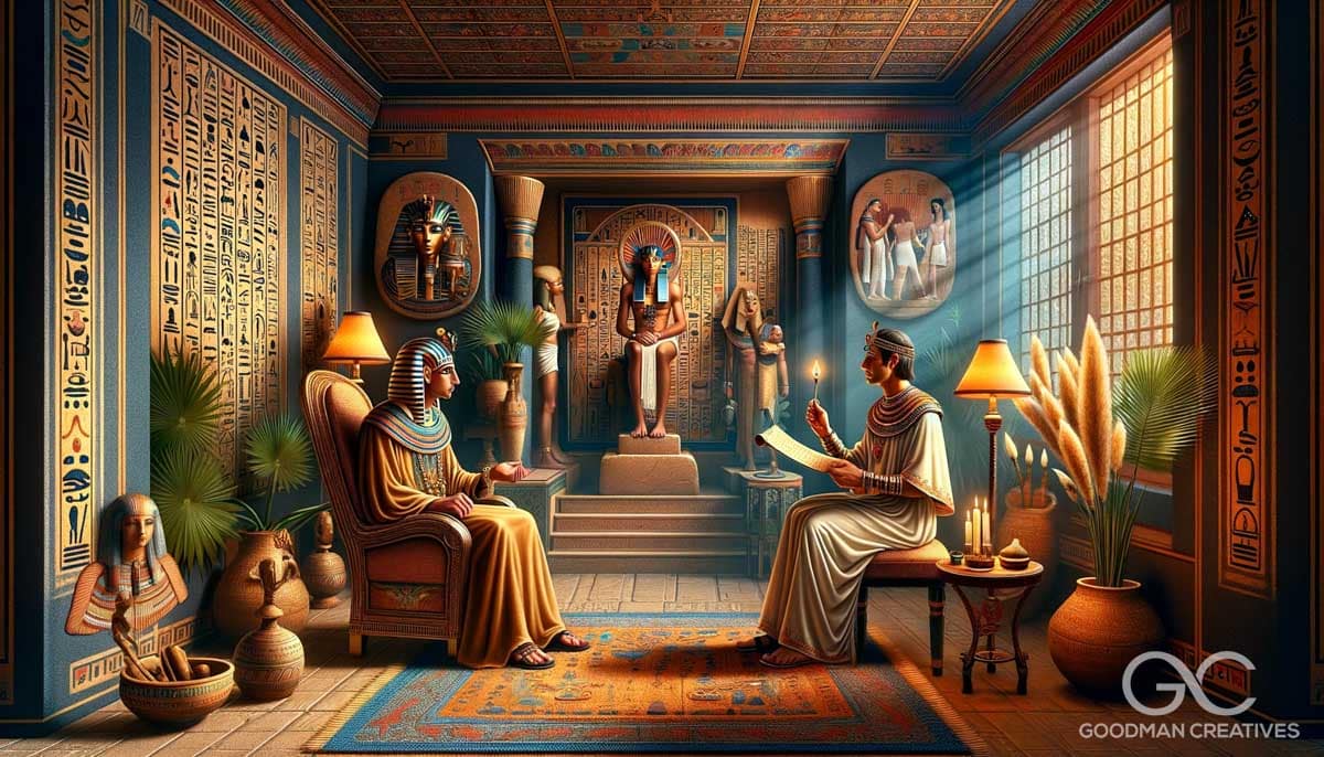 An image depicting a psychotherapy session as it might have appeared in ancient Egypt. The scene is set in a traditional Egyptian setting, with the th