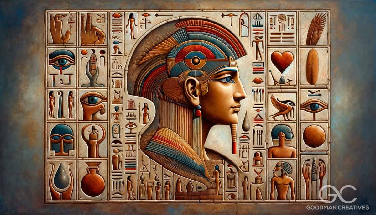 An image depicting the concept of the human ego in the style of ancient hieroglyphics. The artwork is designed to resemble an Egyptian wall carving, w