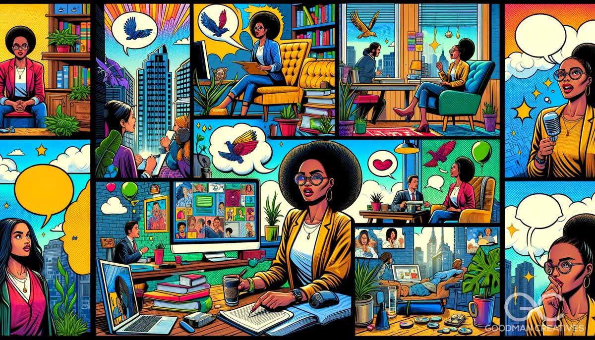 An image depicting the everyday life of a psychotherapist in the style of a vibrant and dynamic comic book. The scene is structured like a comic book_