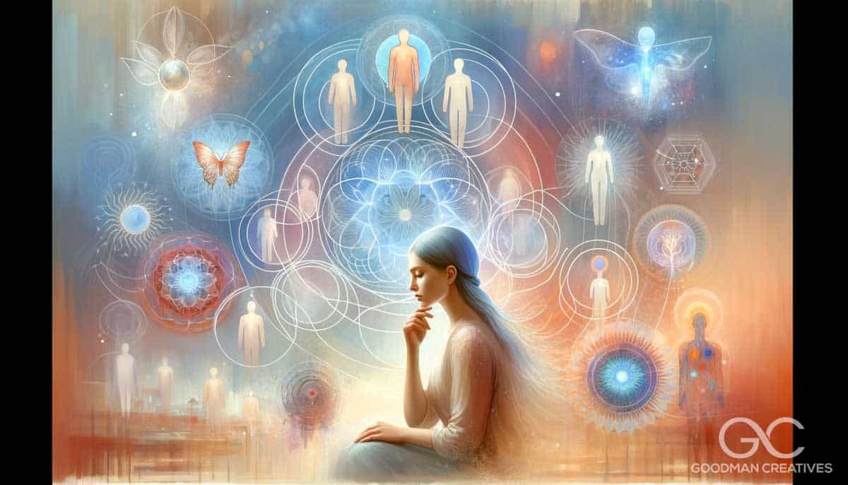 An image illustrating the transformative journey of a client undergoing Internal Family Systems (IFS) therapy. The central figure, a young Caucasian w