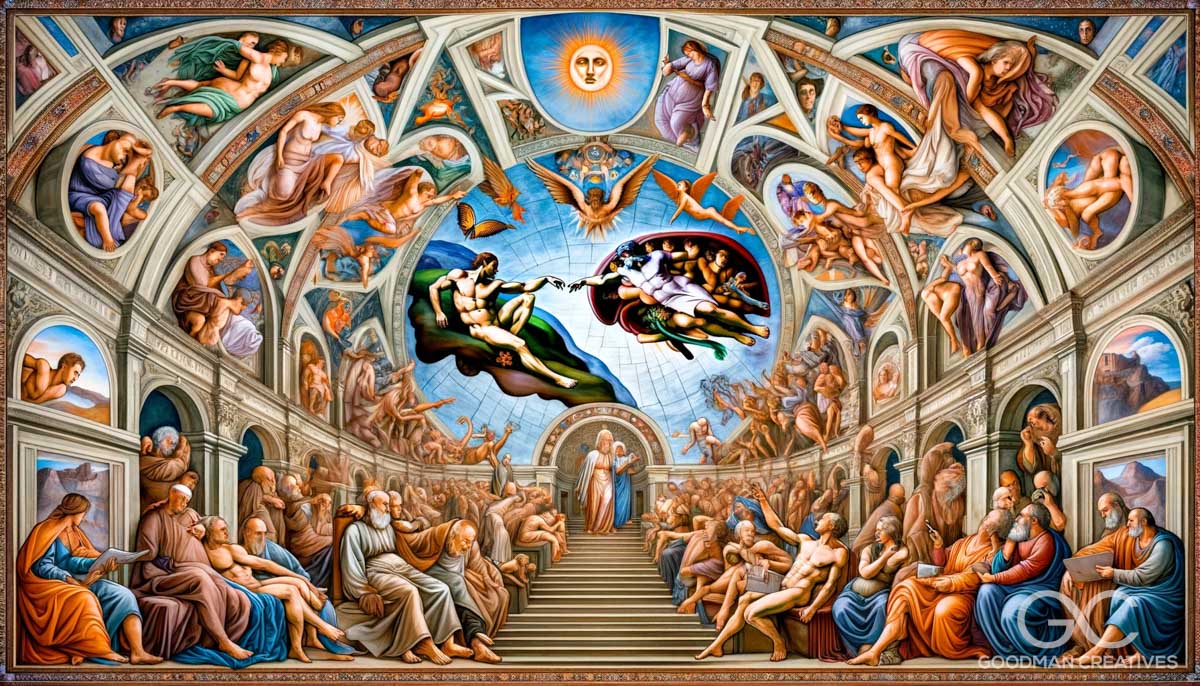 An image inspired by Michelangelo's Sistine Chapel, integrating elements from psychotherapy and the DSM (Diagnostic and Statistical Manual of Mental D