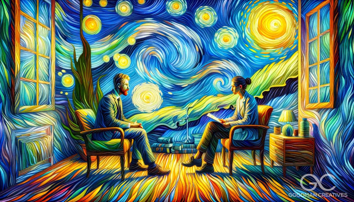 An image inspired by Vincent van Gogh's style, depicting a psychotherapy session. The painting features vibrant, expressive colors with dynamic, visib