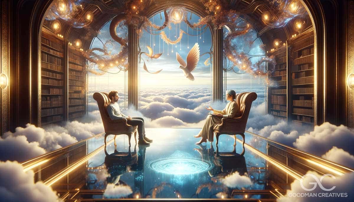 An image of a psychotherapist offering therapy to a client in a breathtaking, fantastical setting. The scene takes place in an open, airy chamber, hig