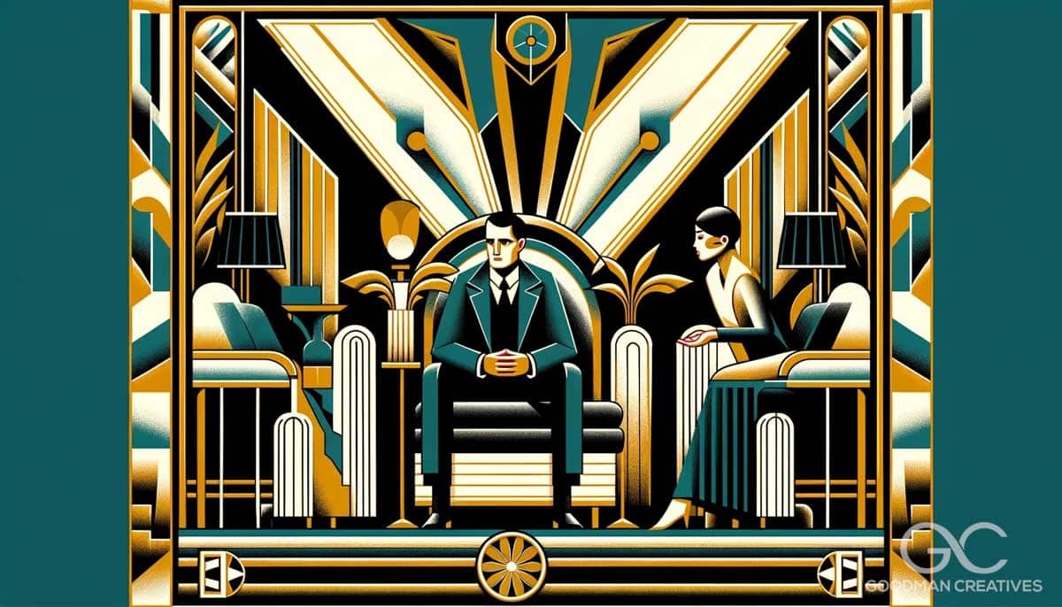 An image representing psychotherapy in the Art Deco style, characterized by its geometric forms, rich colors, and elegant, streamlined design. The sce