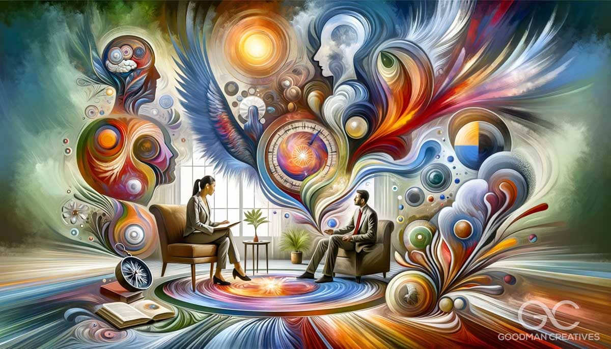 An image visually representing key concepts of psychotherapy in an abstract and artistic way. The scene includes a therapist and a client, depicted in
