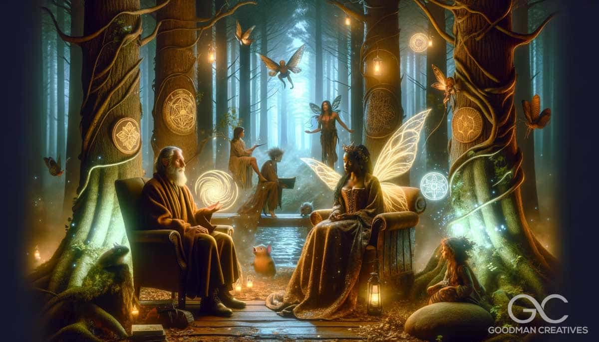 An imaginative and fantasy-themed image of a psychotherapy session. The scene is set in a mystical, enchanted forest, where the psychotherapy session_