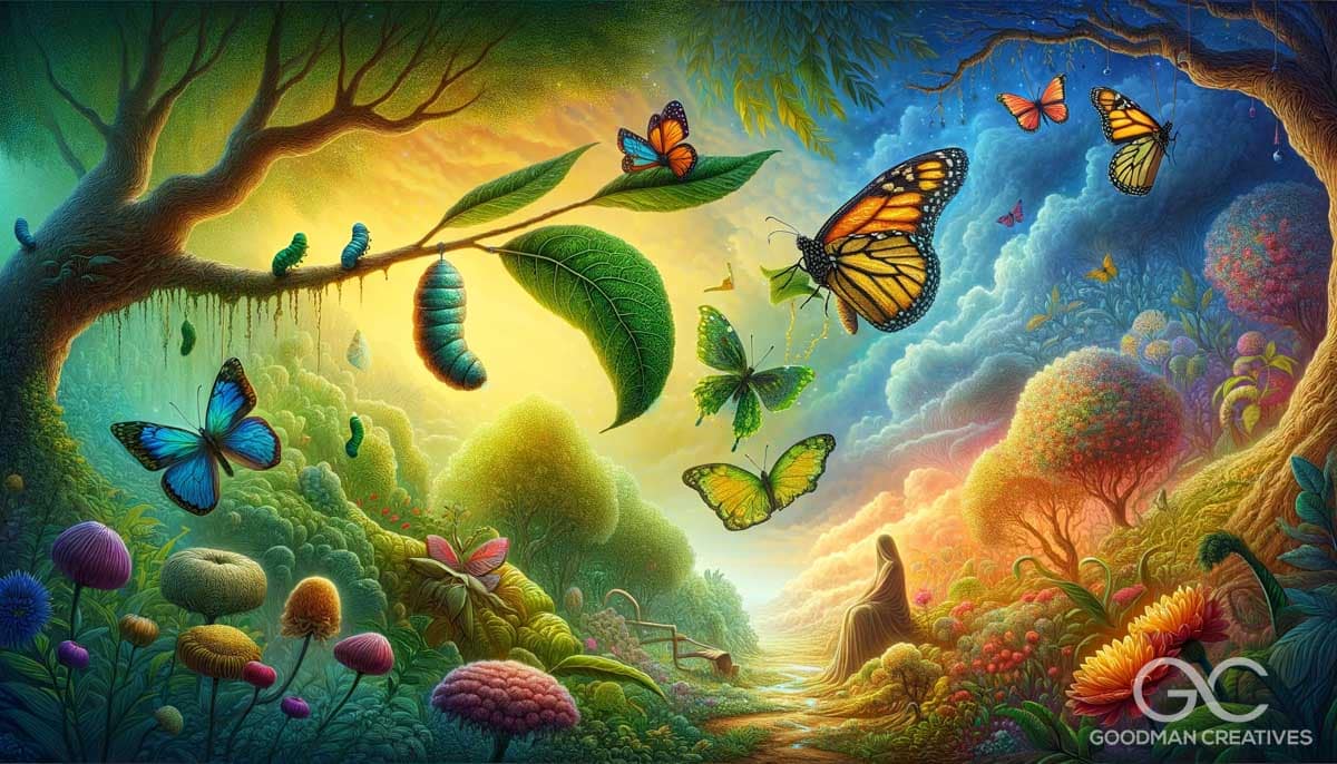 An imaginative image depicting the metamorphosis of a caterpillar into a butterfly, symbolizing the transformation in psychotherapy. The scene is set_