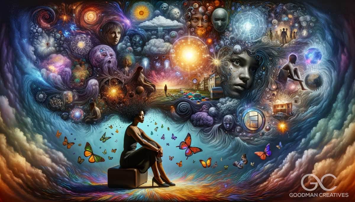 An imaginative image representing a patient's mind during a psychotherapy session, capturing past, present, and future, along with a range of emotions