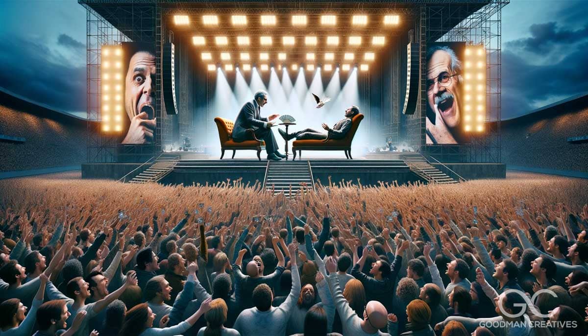An outdoor concert stage with a grandiose setting, featuring a famous rock star who is also a psychotherapist, conducting therapy with a client. The s