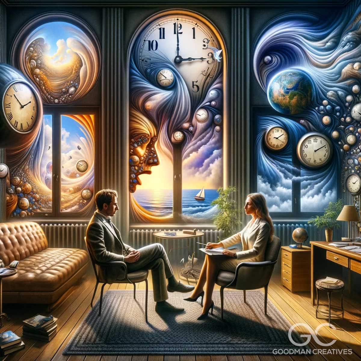 Craft an image in the style of Salvador Dali, illustrating the illusion of time during a psychotherapy session between a female therapist and a male c