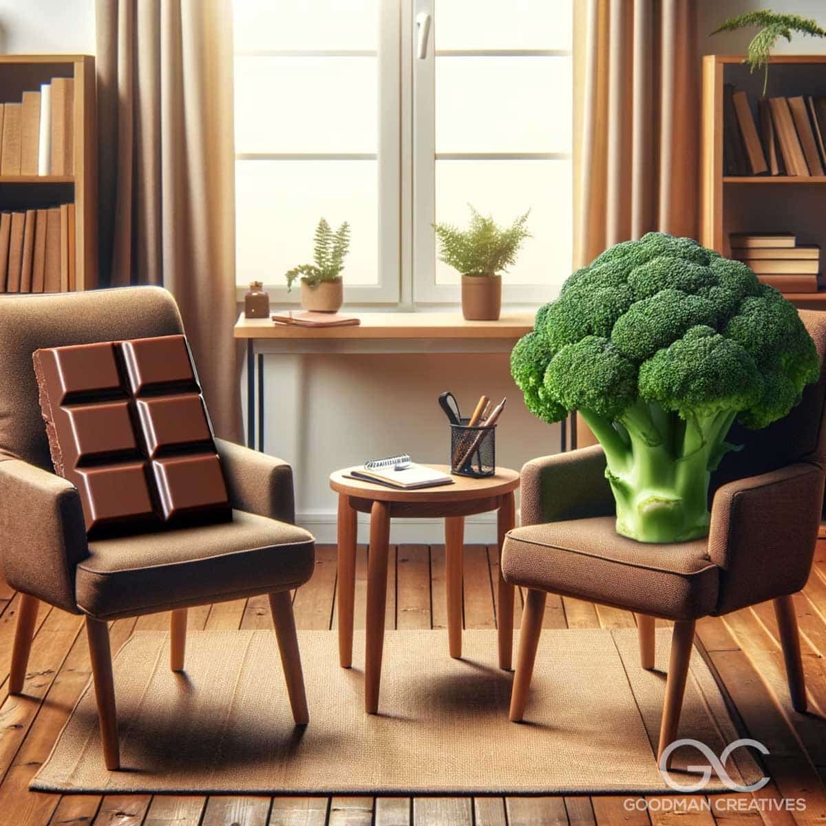 Create an image of a therapy session setting without people, where a piece of chocolate represents the therapist and a broccoli floret represents the copy