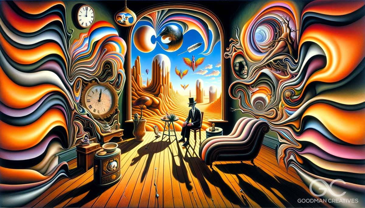 Iin the style of Salvador Dalí depicting a psychotherapy session, infused with surreal and dreamlike elements. The scene includes a landscape_