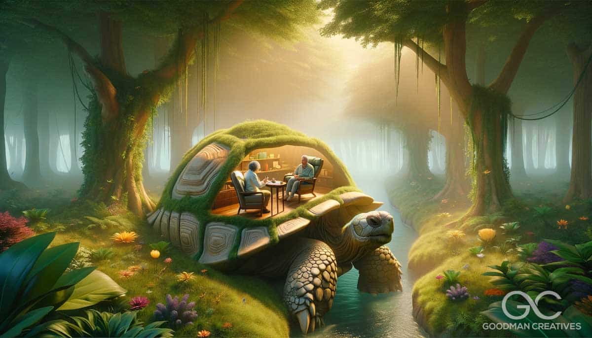 whimsical and serene image of a therapy session happening on the expansive, shell-covered back of a giant tortoise. The tortoise is slowly moving th copy