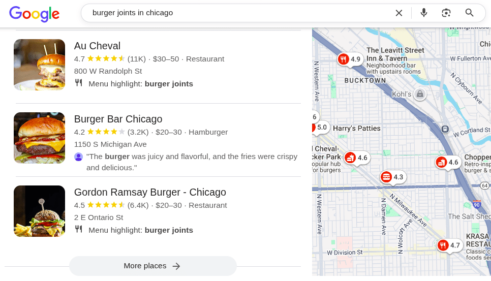 Google's local search feature shows restaurants provided by AI.