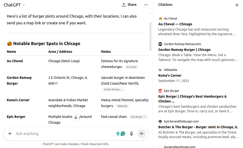 ChatGPT answers a question about restaurant locations.