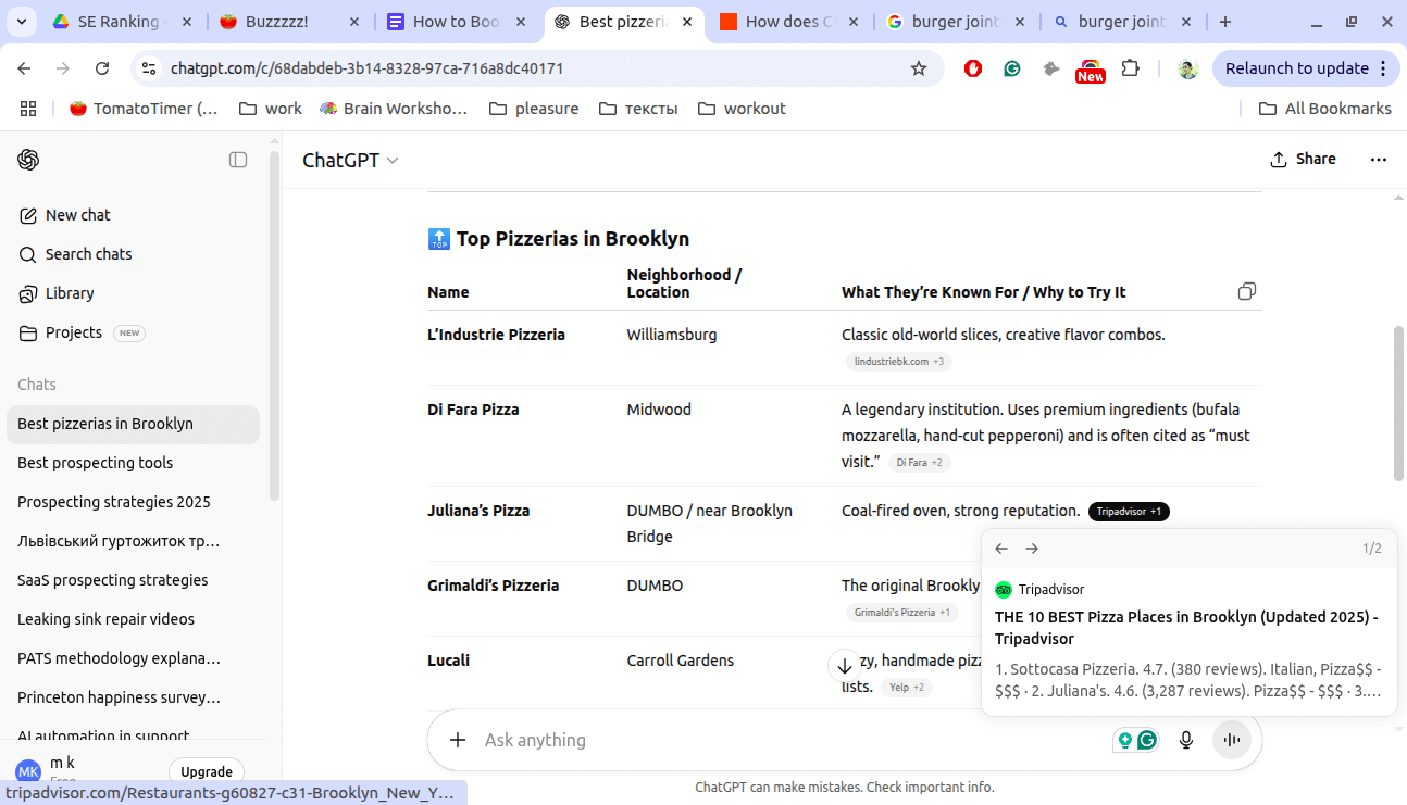 ChatGPT references a Tripadvisor article for a commercial search.