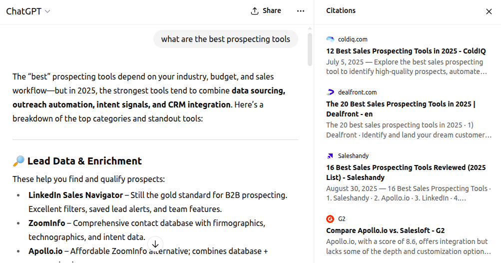 ChatGPT references sources for a commercial search.
