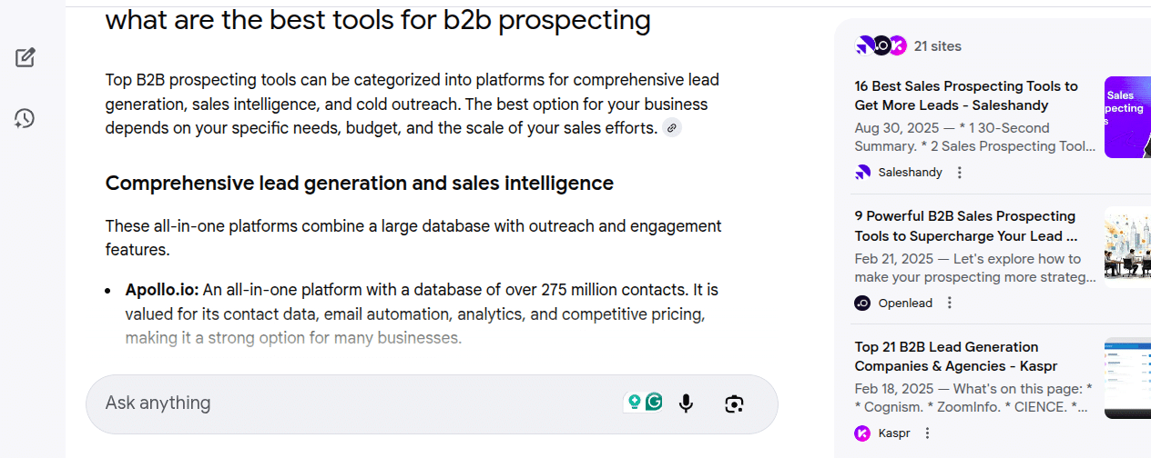 AI Mode shows a list of the best tools with sources.