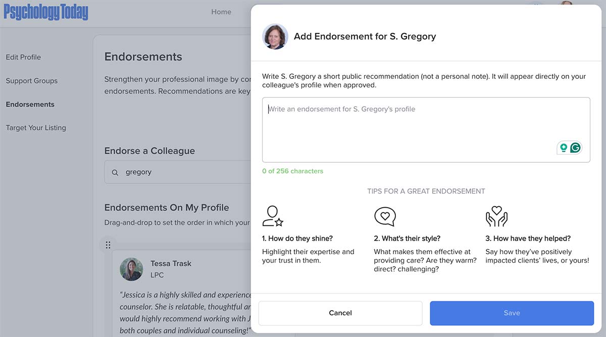 How many characters do I get for a vouch endorsement on Psychology Today - screenshot tutorial
